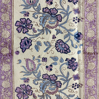 Decorative fabric with floral pattern in purple and blue on a white background Hand block printed table runner and table mats set table linen