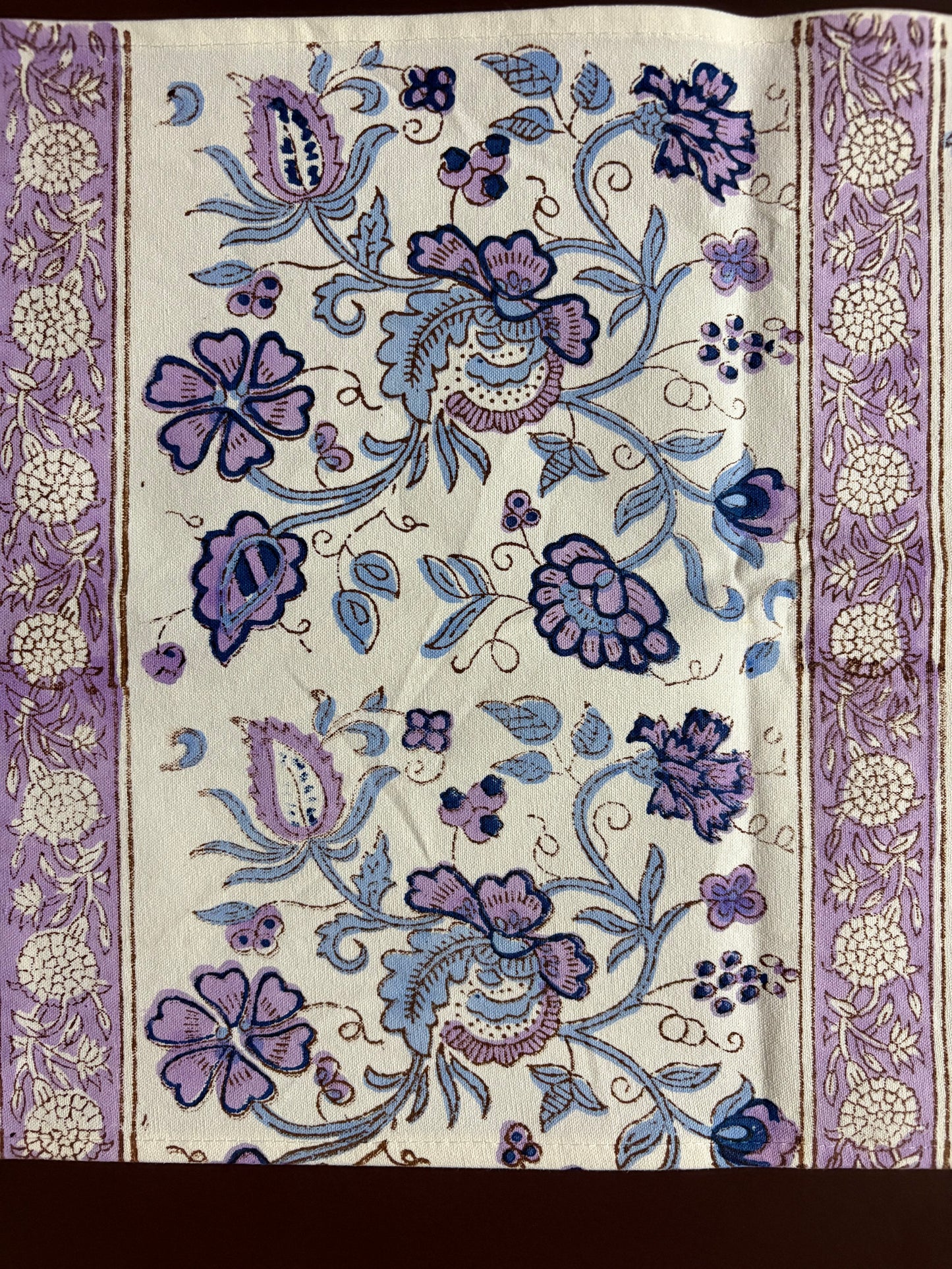 Decorative fabric with floral pattern in purple and blue on a white background Hand block printed table runner and table mats set table linen