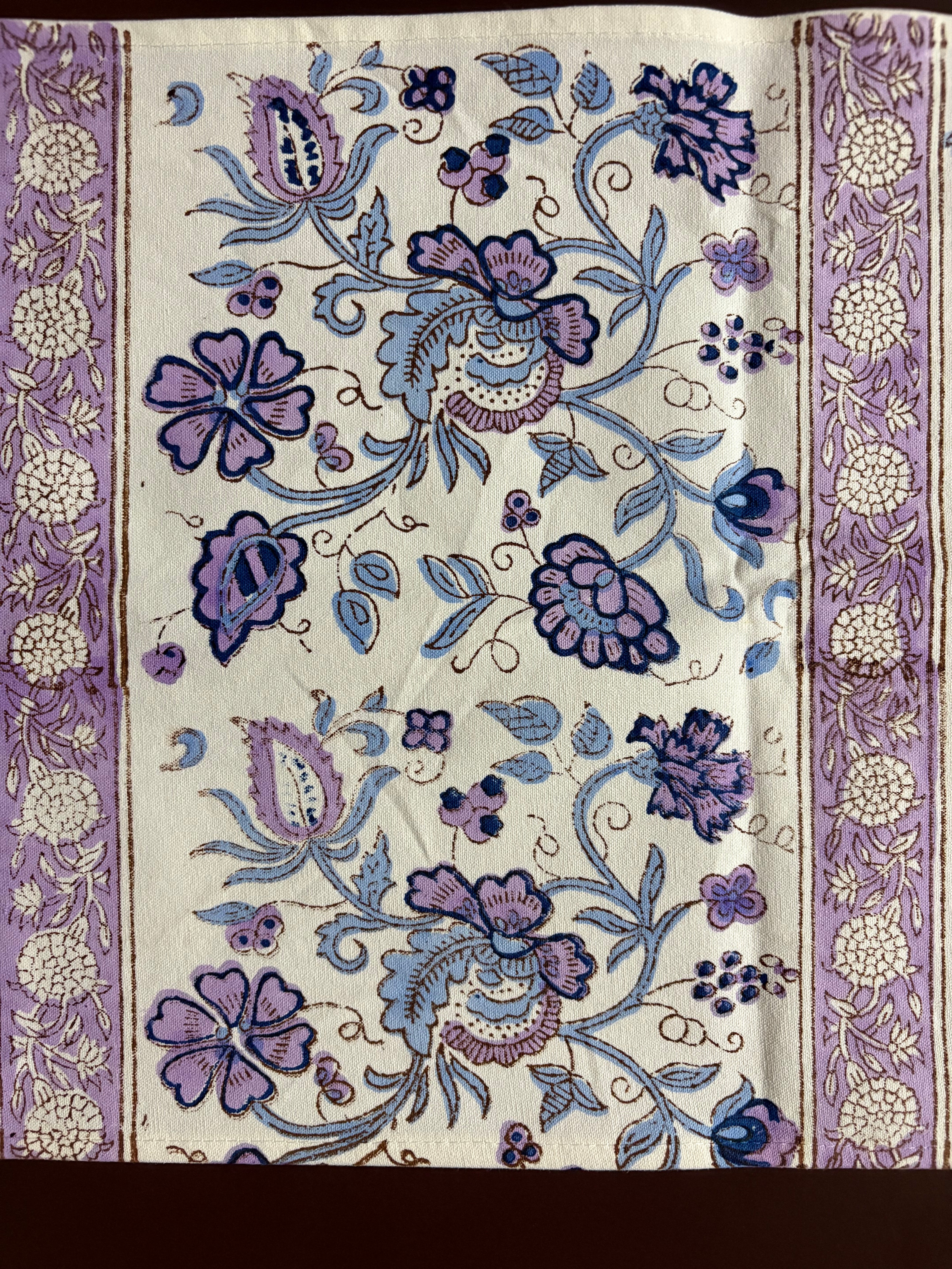 Decorative fabric with floral pattern in purple and blue on a white background Hand block printed table runner and table mats set table linen