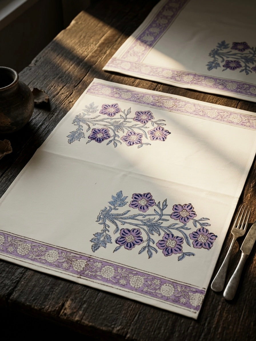 Floral table tunner and table mats set hand block printed