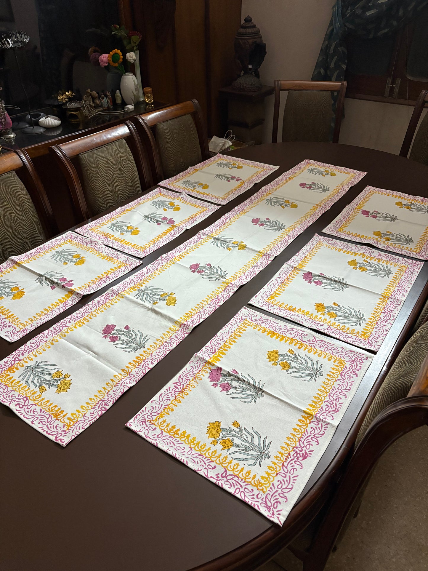 Hand Block Canvas Table Runner & 6 Mats Set