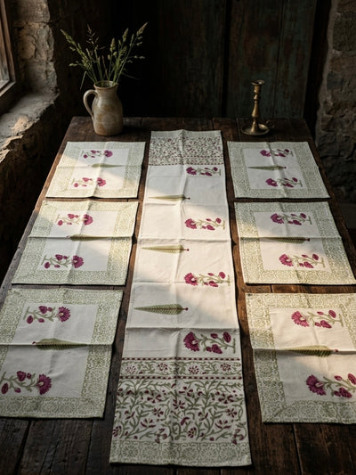 Hand Block Canvas Table Runner & 6 Mats Set
