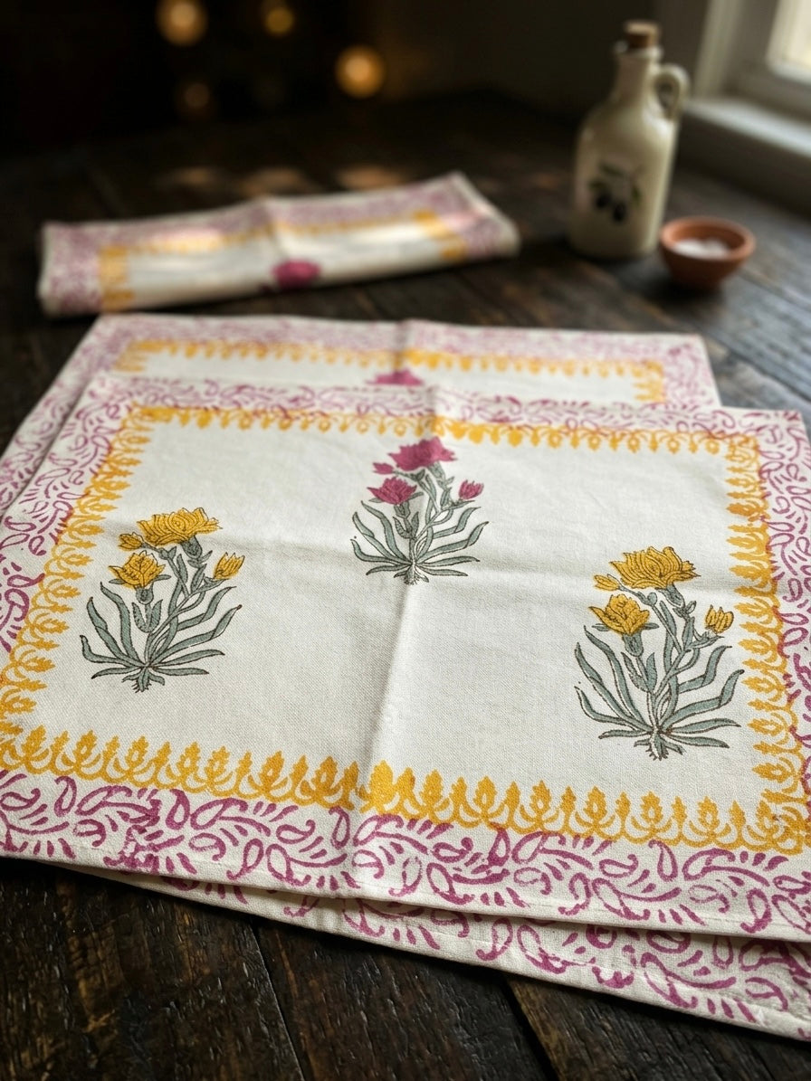 Block printed floral placemats with floral designs on a wooden surface. 100% handblock printed art pieces made in india. Indian textiles