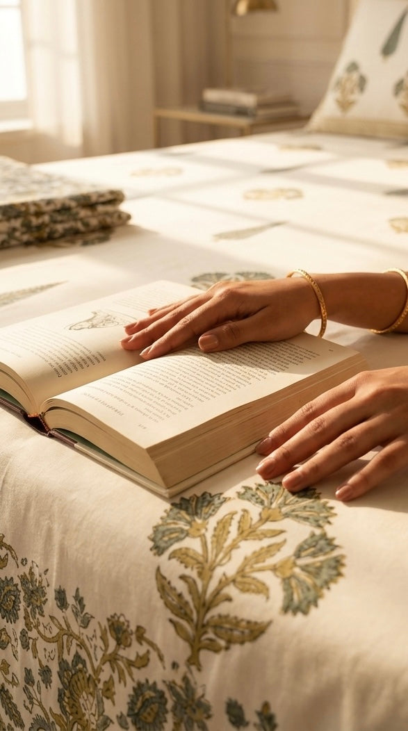 Person reading a book on a bed with block printed jaipuri bedding