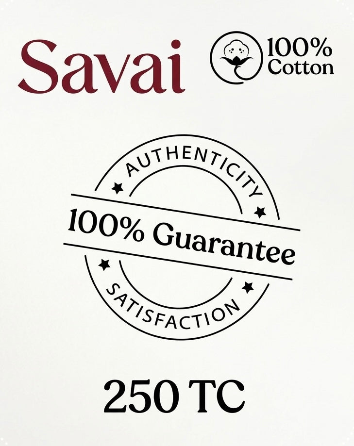 Savai brand logo with 100% cotton, authenticity, satisfaction guarantee, and 250 TC text on a white background.