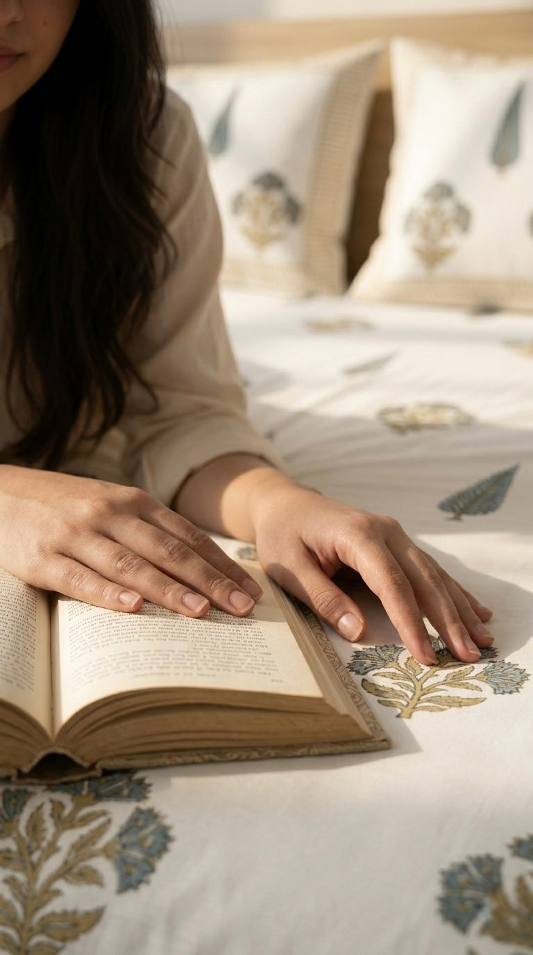 Person reading a book on a bed with block printed floral bedding