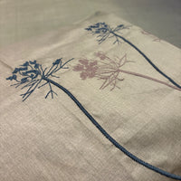 A close-up of the Percale Ombre 250 TC Bedsheet + Pillow Cover Pair Set (King Size) shows light-colored fabric with delicate blue and pink floral designs—three tall flowers stand out on a soft, subtly textured background.