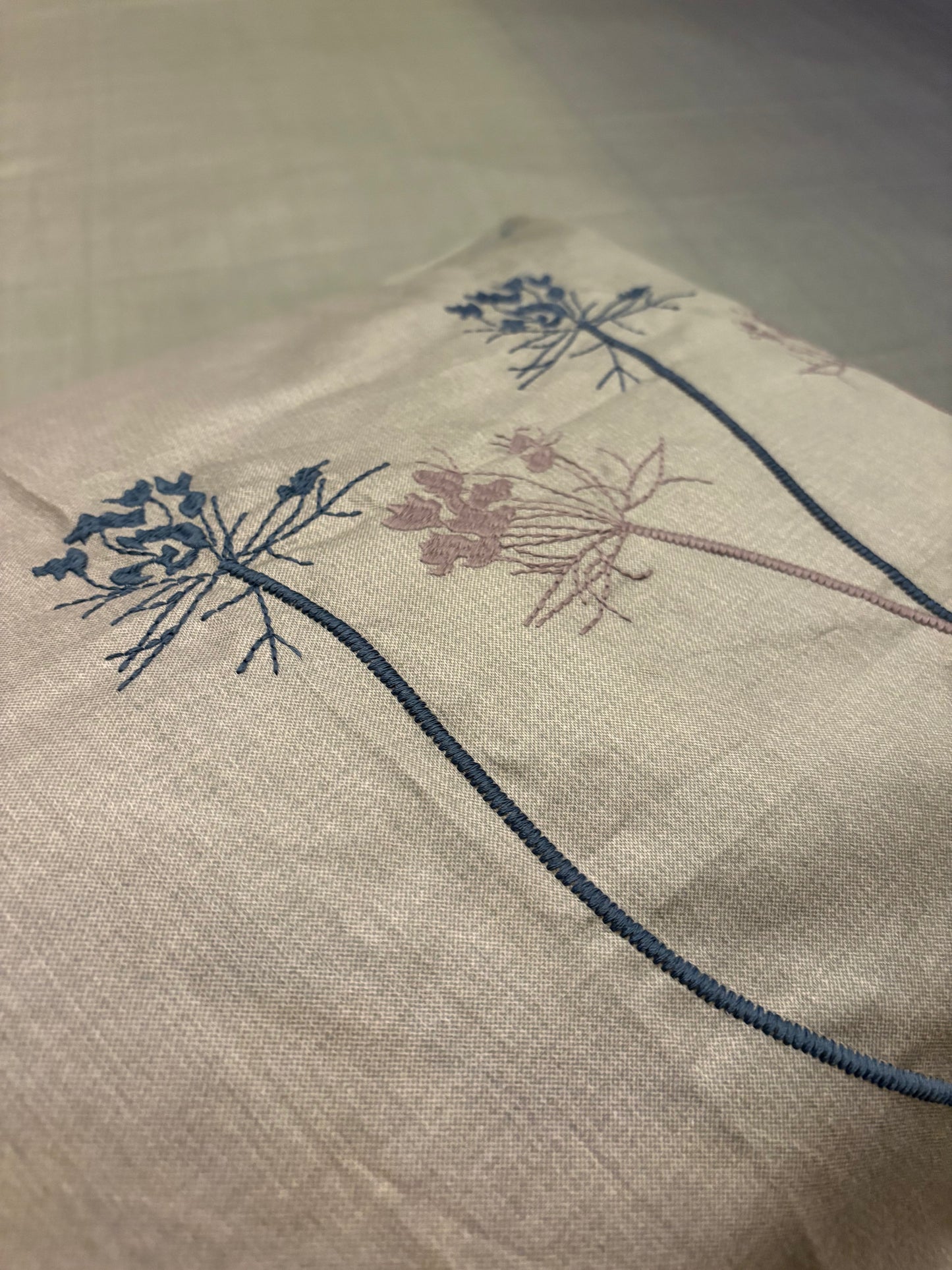 A close-up of the Percale Ombre 250 TC Bedsheet + Pillow Cover Pair Set (King Size) shows light-colored fabric with delicate blue and pink floral designs—three tall flowers stand out on a soft, subtly textured background.